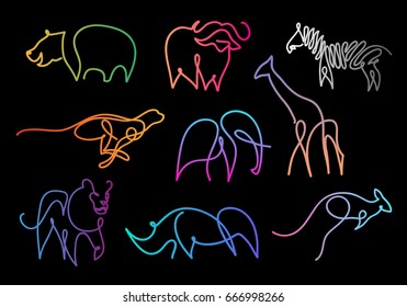 One line safari wild animals design silhouette.Hand drawn minimalism style vector illustration