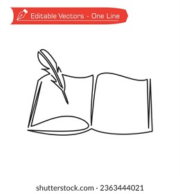 One line science icon. One continuous line drawing of open notebook and quill pen. Vector illustration of book and classic quill pen. Quill on top of left book page.
