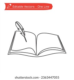 One line science icon. One continuous line drawing of open notebook and quill pen. Vector illustration of book and classic quill pen. Quill pen is above left open book page.

