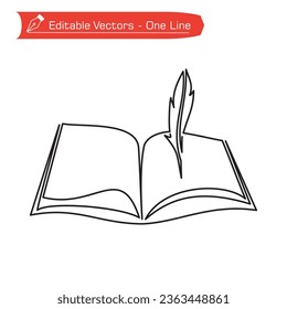 One line science icon. One continuous line drawing of open notebook and quill pen. Vector illustration of book and classic quill pen. Quill pen is above right open book page.