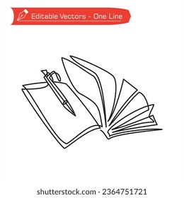 One line science icon. One continuous line of books with open pages and ballpoint pen. Vector illustration of an open book and ballpoint pen. Ballpoint pen on the top left of the book page.
