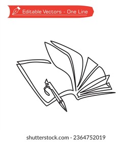 Eine Linie Wissenschaftssymbol. Eine durchgängige Buchreihe mit offenen Seiten und Kugelschreiber. Vektorgrafik eines offenen Buches und Kugelschreiber. Kugelschreiber oben links unten auf der Buchseite.
