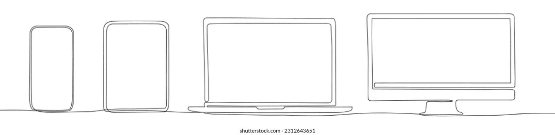 One line screen mockup devices. Monitor smartphone, tablet, laptop and computer. Continuous line style. Vector set.