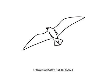 One line seagull or seagull flies silhouette design. Hand-crafting minimalism to the style of vector illustration. Continuous one line drawing silhouette of a bird flying.