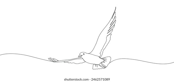 One line seagull hand drawn illustration. Outline bird flying. Hand drawn minimalism style continuous line illustration. Beautiful sea life design elements.