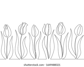 Frontera sin fisuras con tulipanes primaverales. Dibujo de línea continua aislado en fondo blanco.