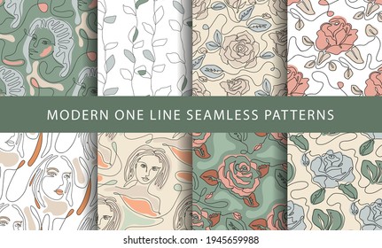 One line seamless modern pattern with girl face and rose flower.. Minimalist minimal young woman simplicity artwork set.