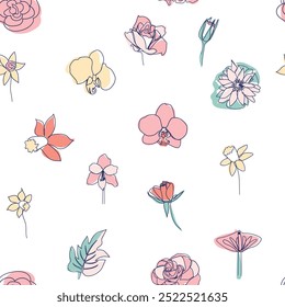 Patrón moderno sin fisuras de una línea. Ilustración vectorial de simplicidad moderna de flores