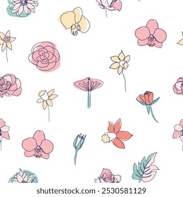 Patrón moderno sin fisuras de una línea. Ilustración vectorial de simplicidad moderna de flores