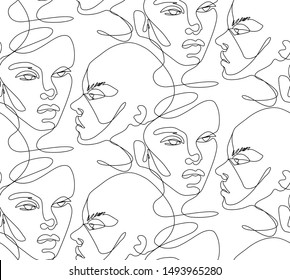 One line seamless pattern. Continuous line drawing background. Woman faces artwork. Abstract minimalist portraits.