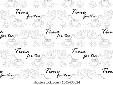 One line seamless pattern. Time for tea. Vector illustration.