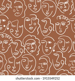 One line seamless pattern with woman faces. Vector background of a hand-drawn single line. Can be used for textile, branding, packaging, wall art decor, poster. 