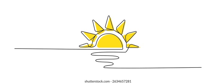 One line see sunset vector icon. Continuous sunshine outline, ocean sunrise doodle, summer single line illustration, sun linear logo, abstract sun on white background