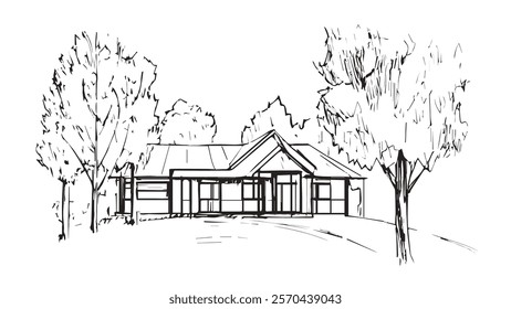 One line seller house. Building quarter complex in forest. Hand drawn sketch continuous line. Sell own family customer concept vector illustration