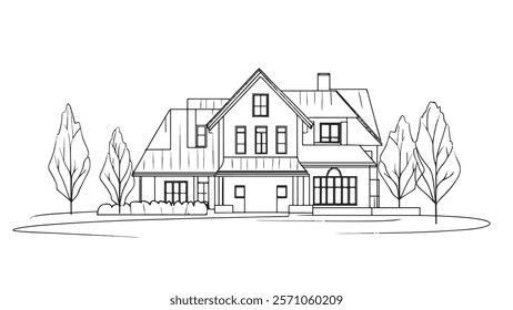 One line seller house. Building quarter complex in forest. Hand drawn sketch continuous line. Sell own family customer concept vector illustration