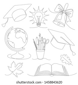 one line set of different school attributes - a graduate hat, a bell, a book, a globe and so on.