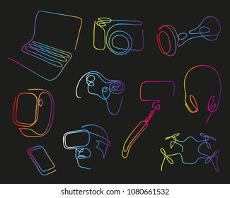 One line set of modern electronic gadgets for job, entertainment and active life. Hand drawn vector illustration.