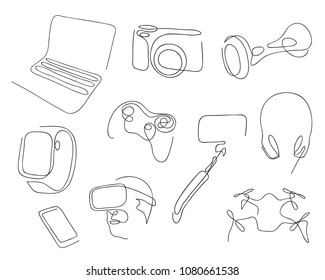 One line set of modern electronic gadgets for job, entertainment and active life. Hand drawn vector illustration.