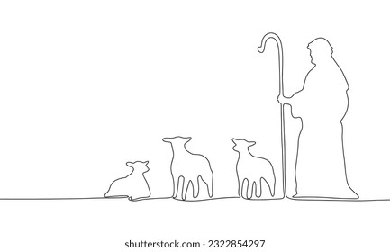 One line shepherd with sheep. Line art born of Jesus. One line continuous religion banner. Outline vector illustration.