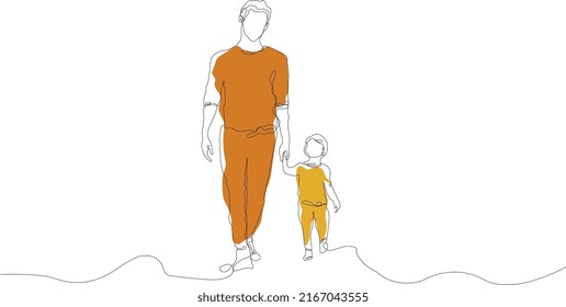 One line shows father and son constantly holding hands. Family of happy father holding baby. Happy father walking with his son. A great family concept like a father's day card minimalist.