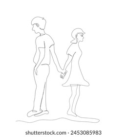 One line of Side view of Cute girl is walking from her boyfriend .A couple standing with their backs to each other, man hold onto woman’s wrist don’t want to break up vector in continuous line style.