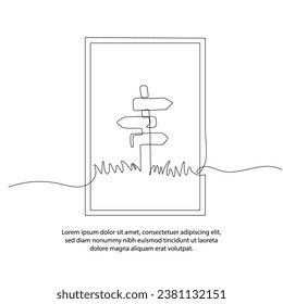 Una línea de señalización de dibujo de afiches de vía direccional con un hermoso marco. Resumen de decoración minimalista de paredes de línea continua.