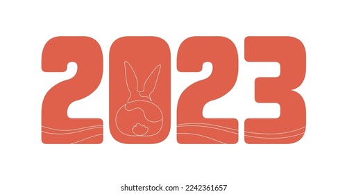 One line silhouette collection. Vector linear art illustration for banner template. Outline rabbit animal in red color 2023 text isolated on white. Design element for chinese new year holiday