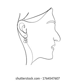 One line silhouette of female face with earring, lips, eyes, nose and hair. Drawing by one continuous line. Linear glamour logo in minimal design for advertising jewelry. Abstract cubism face. 