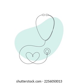 One line silhouette healthcare collection. Vector linear art illustration. Black outline heart and stethoscope symbol with green splash on white background. Design element for cardiology world day