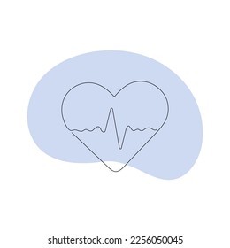 One line silhouette healthcare collection. Vector linear art illustration. Black outline heart with heartbeat symbol on green splash on white background. Design element for cardiology, health care