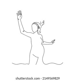 One line silhouette of pregnant woman dancing to music. Human sketch. Continuous line drawing art. Vector illustration.