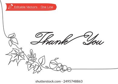 Eine Zeile einfache handgeschriebene Dankeschön Brief niedlichen Stil. Vektorgrafik des Dankeschön-Briefes mit glamouröser Dekoration des herbstlichen Pflanzenrahmens in der unteren linken Ecke für Grußkarte.