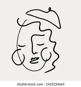 One line simple portrait face, abstract icon, trendy line painting. Contemporary trendy design for design for placards, flyers, brochures, invitations.