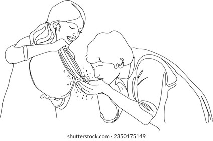 dibujo de una línea de dibujos animados de Woman Ofreyendo agua de la olla de arcilla al niño sediento, acto ilustrado de bondad: Mujer compartiendo agua de la cacerola india con un niño, 