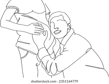 One line sketch drawing cartoon clip art of Husband's Love Listening to Baby in Pregnant Belly, Pregnancy Joy Man Leaning to Hear Baby's Sounds, Pregnancy Connection Man Hears Baby's Sounds