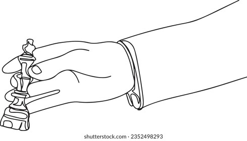 one line sketch drawing cartoon clipart of hand holding chess king
