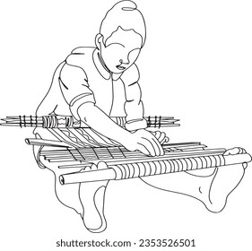 one line sketch drawing cartoon clip art of Peruvian Artist Weaving on a Traditional Hand-Weaving Loom, Fabrics with Traditional Looms by Skilled Hands, Women Designers Crafting on Traditional Handloo