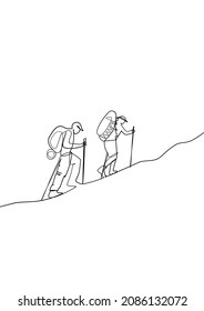 one line sketch of hiking, travelers, adventure