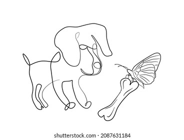 one line sketch of little dog, puppy, happy dog and butterfly, human friend, 