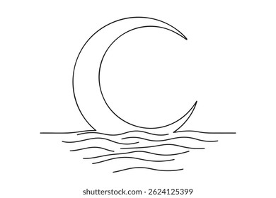 One line sketch of the moon in the sea. Linear drawing of the moon that is displayed in the sea. Night sea. Vector illustration.