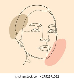  One Line Sketch Portrait Of  Girl. Minimal Line Vector Woman. Collage Colorful Abstract Contemporary Scribble. Contour Drawing Of A Female Head With Eyes, Nose, Mouth. 