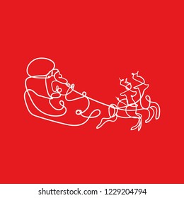 one line sketch of Santa Claus with deers on red background