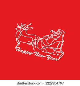 one line sketch of Santa Claus with deers on red background