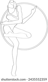 One line sketch of the silhouette of a gymnast with a hoop.