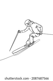 one line sketch of skier, winter sport, downhill skiing, snow rider