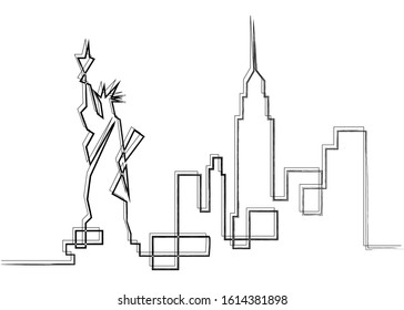 One line sketch style New York city skyline. Simple modern minimalistic style vector isolated on white background 