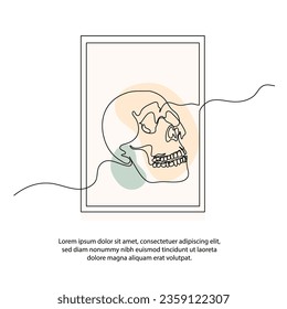 One line skull sketch poster drawing with frame. Abstract minimal continuous line wall decor.