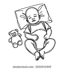 One line of sleeping cute little baby with Teddy bear. Vector illustration