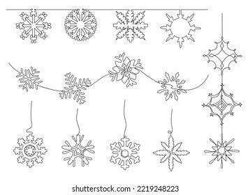 One line snowflake decoration. Snow divider, hanging flakes decorations and snowflakes on wave continuous line art vector set of continuous snowflake illustration