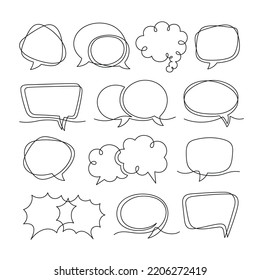One line speech bubbles. Art drawing conversations messages, feedback and ideas. Empty communication frames, continuous lines tidy vector dialog elements